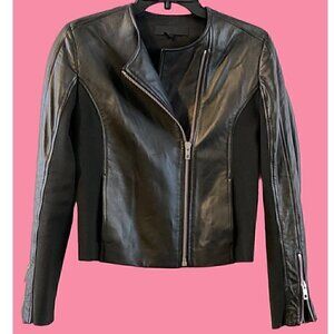 rag & bone harrison moto lamb leather jacket size 0 black zip ribbed knit panel
